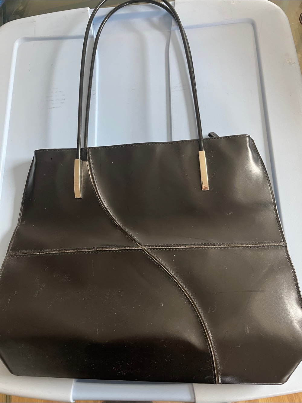 Classic Black Leather Tote Bag with Gold Accents